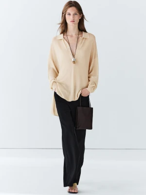 Sweter Polo Z Mieszanki Bawełny I Jedwabiu - Kość Słoniowa - Massimo Dutti - Female