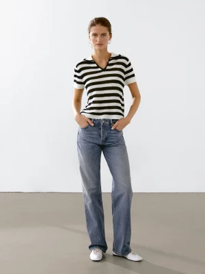 Sweter Polo Z Mieszanki Bawełny W Paski - Czarny - - Massimo Dutti - Kobieta