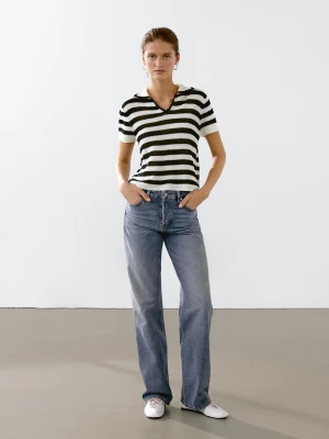 Sweter Polo Z Mieszanki Bawełny W Paski - Czarny - - Massimo Dutti - Kobieta