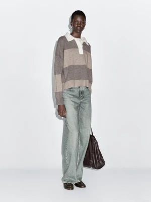 Sweter Polo Z Mieszanki Wełny W Paski - Szarobrązowy - - Massimo Dutti - Kobieta