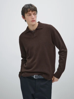 Sweter Polo Z Mieszanki Wełny Z Dekoltem W Serek - Czekoladowy - - Massimo Dutti - Mężczyzna