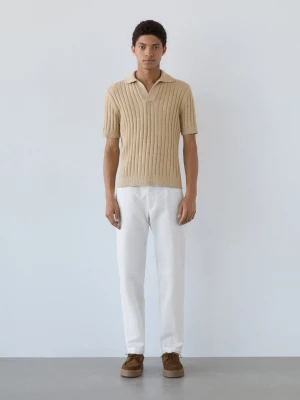 Sweter Polo Z Prążkowanej Dzianiny, Z Krótkim Rękawem - Ecru - - Massimo Dutti - Mężczyzna