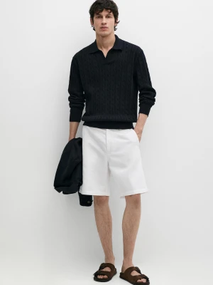 Sweter Polo Ze 100% Bawełny O Splocie Warkoczowym - Granatowy - Massimo Dutti - Male