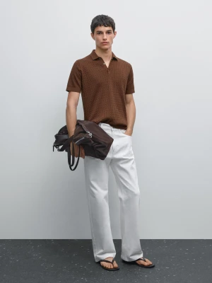 Zdjęcie produktu Sweter Polo Ze 100% Bawełny O Splocie Warkoczowym - Pomarańczowy - - Massimo Dutti - Mężczyzna