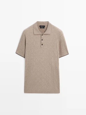 Zdjęcie produktu Sweter Polo Ze Splotem Warkoczowym Z Bawełny - Ciemnobeżowy - - Massimo Dutti - Mężczyzna