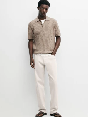 Zdjęcie produktu Sweter Polo Ze Splotem Warkoczowym Z Bawełny - Ciemnobeżowy - - Massimo Dutti - Mężczyzna