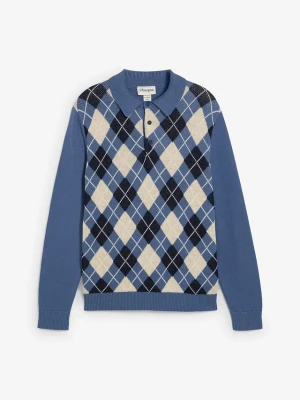 Sweter polo ze wzorem w romby z czystej bawełny BonPrix niebieski