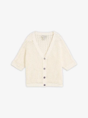 Sweter rozpinany w ażurowy wzór z dodatkiem lnu BonPrix biały