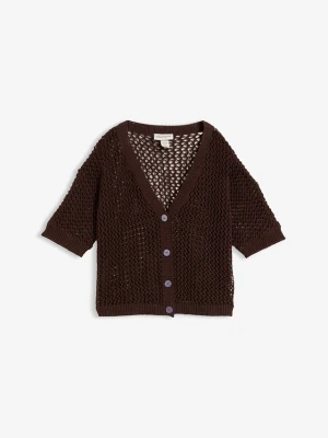Sweter rozpinany w ażurowy wzór z dodatkiem lnu BonPrix brązowy
