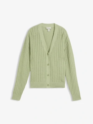 Sweter rozpinany w ażurowy wzór z dodatkiem lnu BonPrix zielony