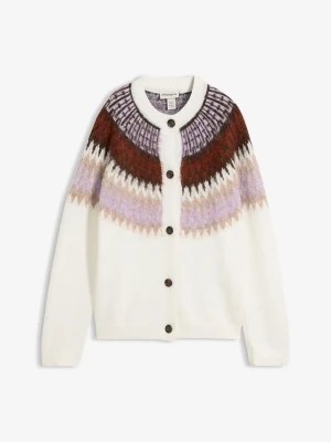 Sweter rozpinany w norweski wzór BonPrix biały