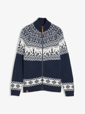 Sweter rozpinany w norweski wzór BonPrix niebieski