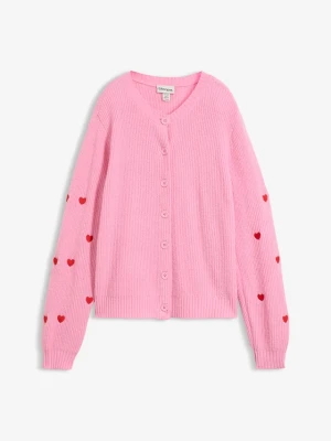 Sweter rozpinany z haftem w serca BonPrix różowy