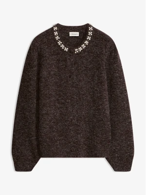 Sweter rozpinany z rękawami bufkami BonPrix brązowy