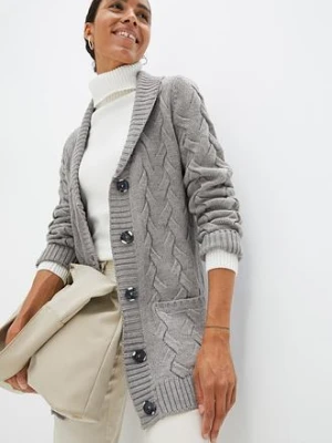 Sweter rozpinany z szalowym kołnierzem i wzorem w warkocze bonprix