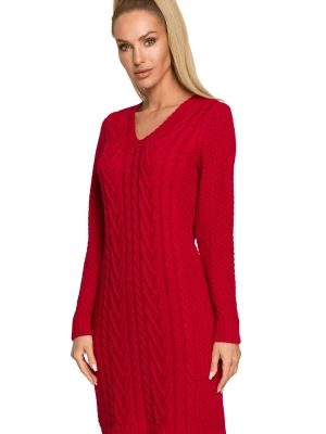 Sweter sukienka dzianinowa z dekoltem V splot w warkocz czerwona Polski Producent
