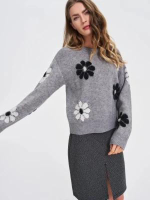 Sweter w kwiaty szary Moodo