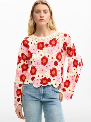 sweter w kwiaty szydełkowe Desigual biały