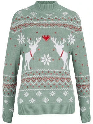 Sweter w norweski wzór golfem BonPrix zielony