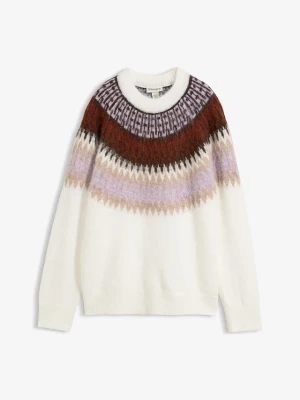 Sweter w norweski wzór z okrągłym dekoltem BonPrix biały