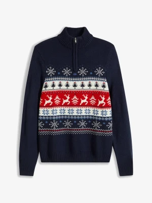 Sweter w norweski wzór, ze stójką BonPrix niebieski