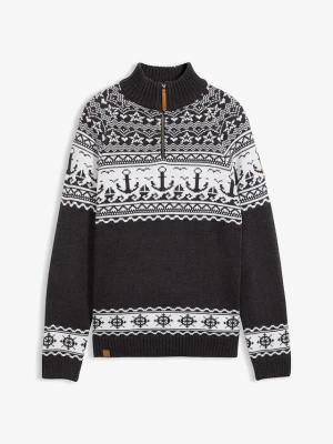Sweter w norweski wzór ze stójką z zamkiem BonPrix szary