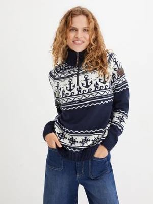 Sweter w norweskim stylu z marynarskimi motywami BonPrix niebieski