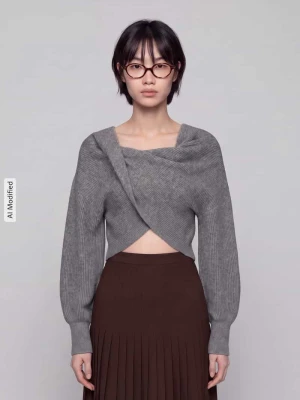 Sweter w optyce kopertowej o kroju regular fit model 'AVA' Pieces Średnioszary melanż