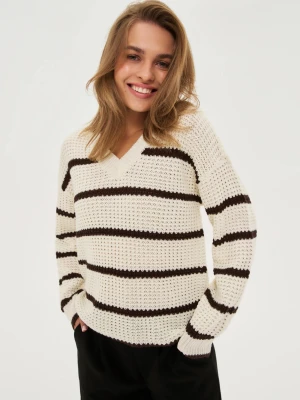 Sweter w paski beżowy Moodo
