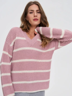 Sweter w paski różowy Moodo