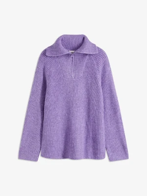 Sweter w prążek ze stójką, z domieszką wełny BonPrix fioletowy