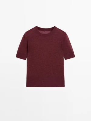 Sweter Z 100% Wełny, Z Cienkiej Dzianiny, Z Krótkim Rękawem – Studio - Bordowy - - Massimo Dutti - Kobieta