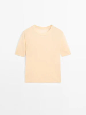 Sweter Z 100% Wełny, Z Cienkiej Dzianiny, Z Krótkim Rękawem – Studio - Waniliowy - - Massimo Dutti - Kobieta