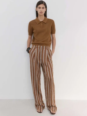 Sweter z ażurowej dzianiny z kołnierzykiem polo karmelowy brąz - Kobieta - - MANGO