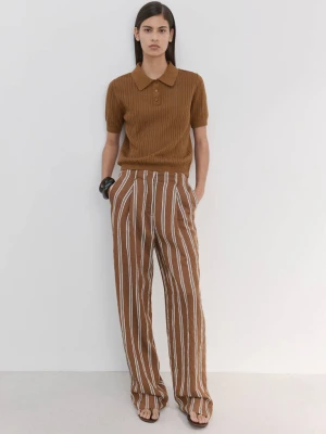 Sweter z ażurowej dzianiny z kołnierzykiem polo karmelowy brąz - Kobieta - - MANGO