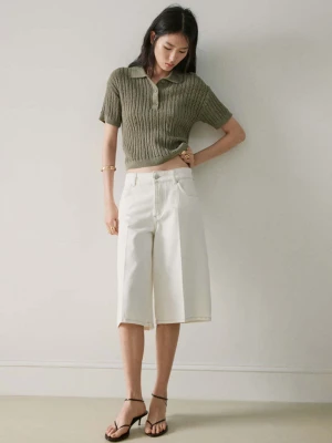 Sweter z ażurowej dzianiny z kołnierzykiem polo khaki - Kobieta - - MANGO