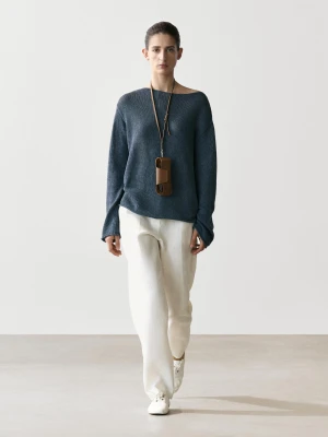 Sweter Z Ażurowej Dzianiny Z Mieszanki Bawełny - Niebieski - - Massimo Dutti - Kobieta