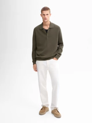 Sweter Z Bawełnianej Dzianiny Z Kołnierzykiem Polo - Khaki - - Massimo Dutti - Mężczyzna