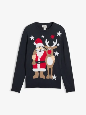 Sweter z bożonarodzeniowym motywem BonPrix niebieski