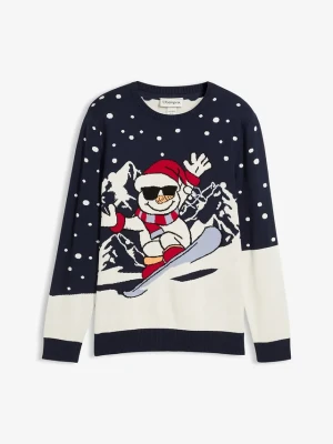 Sweter z bożonarodzeniowym motywem, z bawełną BonPrix niebieski