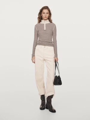 Sweter Z Cienkiej Dzianiny W Paski Z Dekoltem Na Suwak - Beżowy - - Massimo Dutti - Kobieta