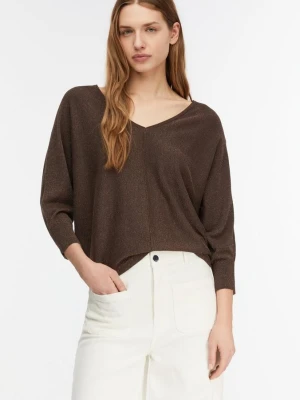 Sweter z cienkiej dzianiny z błyszczącą przędzą i rękawami à la nietoperz comma brązowy