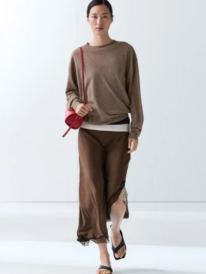 Sweter Z Cienkiej Dzianiny Z Okrągłym Dekoltem - Szarobrązowy - Massimo Dutti - Female