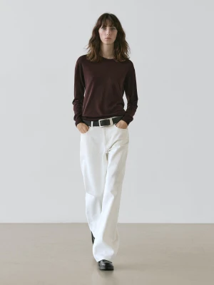 Sweter Z Cienkiej Dzianiny Ze 100% Wełny Z Okrągłym Dekoltem - Mokka - - Massimo Dutti - Kobieta