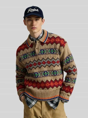 Sweter z czystej wełny z kołnierzykiem polo Polo Ralph Lauren Beżowy melanż