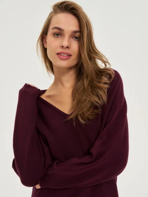 Sweter z dekoltem w serek burgundowy Moodo