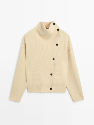 Sweter Z Detalem Guzików, 100% Kaszmiru, Zamsz - Waniliowy - Massimo Dutti - Female
