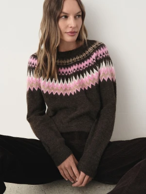 Sweter z dodatkiem wełny i kontrastowym alpejskim wzorem Greenpoint brązowy