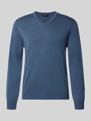 sweter z dzianiny o kroju regular fit z czystej żywej wełny z dekoltem w serek Maerz Muenchen Ciemnoniebieski