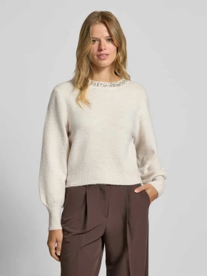 Sweter z dzianiny o kroju regular fit z obszyciem ozdobnymi kamieniami model ‘ELSA’ Only Beżowy